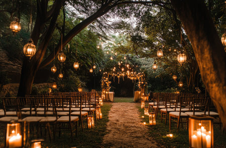 A rustic wedding ceremony decor with hanging lanterns and candles, surrounded by trees and chairs for guests. The setting is in an outdoor garden at dusk, creating a warm ambiance with soft lighting. --ar 62:41 --v 6.1 Job ID: f64d3160-b5d2-4248-8da2-ab2b12817300の素材
