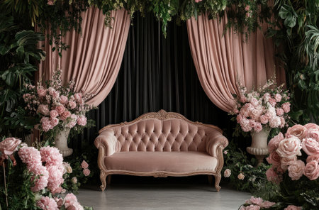 A photograph of an elegant and modern sofa in front of a backdrop wall with pink velvet curtains, greenery on both sides of the stage, pink flowers in vases, and a dark background, in the style of hyper-realistic photography. --ar 92:61 --v 6.1 Job ID: ed5efd9c-3a0f-4b30-90dc-6521b3e3678dの素材