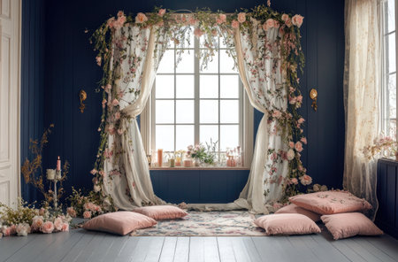A photograph of an arched entryway with floral curtains and candles, pink pillows on the floor, in a vintage style, with a floral garland around it, and a window in the background, set in a large room with navy blue walls, featuring delicate pastel colors, captured through professional, high-quality photography. --ar 92:61 --v 6.1 Job ID: 8484d331-b1ab-463c-80e5-df3299dcb153の素材