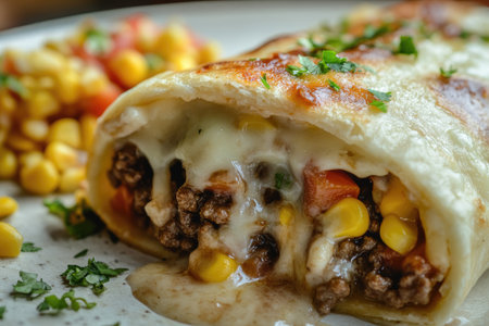 A mouthwatering close-up of a Mexican-style hard taco shell filled with ground beef, corn, and melted cheese, ready to be served as a meal for your family or friends. The delicious combination of the golden crust, colorful vegetables, and meat texture, all wrapped in a soft white tortilla, creates a delectable dish that will have your guests reaching for seconds. --ar 3:2 --v 6.1 Job ID: 15d87cfb-6d95-40b1-ba83-6f9b9ff7700aの素材