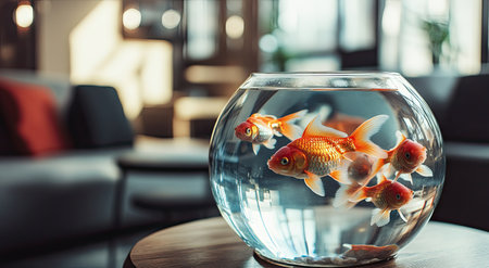 A round glass fish bowl with clear water containing several goldfish, sitting on top of an indoor table in the living room. The background is blurred and features modern furniture, creating a cozy home environment. --ar 78:43 --v 6.1 Job ID: c81cd24c-6c88-4c11-a087-846d92d28148の素材
