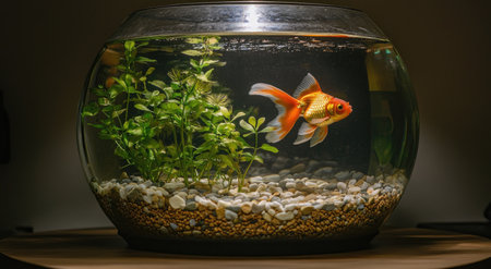 A round glass fish tank with clear water, adorned with pebbles and small plants inside the bowl, featuring an orange goldfish swimming gracefully within. The background is a dark brown wooden table, creating a warm atmosphere. --ar 78:43 --v 6.1 Job ID: b1f4b903-2e0f-4050-aa8a-c8c63327a346の素材