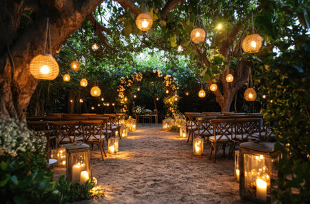 A rustic wedding ceremony decor with hanging lanterns and candles, surrounded by trees and chairs for guests. The setting is in an outdoor garden at dusk, creating a warm ambiance with soft lighting. --ar 62:41 --v 6.1 Job ID: f64d3160-b5d2-4248-8da2-ab2b12817300の素材