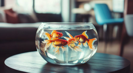 A round glass fish bowl with clear water containing several goldfish, sitting on top of an indoor table in the living room. The background is blurred and features modern furniture, creating a cozy home environment. --ar 78:43 --v 6.1 Job ID: c81cd24c-6c88-4c11-a087-846d92d28148の素材