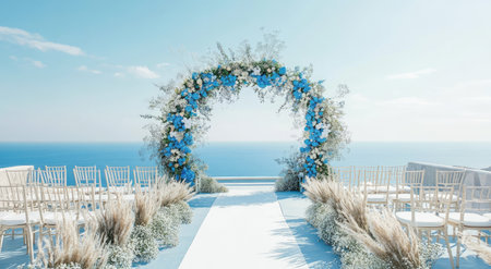 A stunning rooftop wedding ceremony decor, featuring an arch adorned with blue and white flowers, set against the backdrop of a sea view in a minimalist style. The scene includes chairs for guests arranged around the floral arrangement, creating a romantic atmosphere on a clear day by the seaside. --ar 78:43 --v 6.1 Job ID: bd8224d5-ef0a-4b2f-9681-39bf368ea7d4の素材