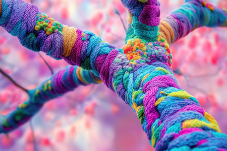 A tree with branches made of colorful yarn, close-up, bright colors, detailed details, meticulous painting, fantasy photography style, high-resolution photography, colorful and vibrant background, super-realistic photos, intricate details, professional lighting shooting. --ar 3:2 --v 6.1 Job ID: decc1429-7163-453e-b492-acccdaa02293の素材
