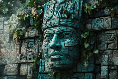 A stone wall with intricate carvings of ancient Mayan gods and goddesses, in the jungle. Close-up view of an elaborate head statue made from blue-teal Aztec architecture stone blocks on top of a building, with green vines growing over it. In the background is a dense forest. In a cinematic style, hyper-realistic, hyper-detailed, high-resolution, with beautiful lighting. --ar 3:2 --v 6.1 Job ID: e72dfdf4-30cf-4806-877b-44007928b298の素材