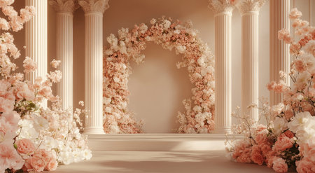 A stage with flowers and columns, an archway made of pale pink and white flowers on the wall, symmetrical composition, high-end feel, romantic atmosphere, warm color tone, delicate texture, soft lighting, and romantic emotions. The background is a light beige room decorated with pillars and arches, creating a classical style. It features 3D rendering, bright colors, and a sense of depth, in the style of classical art. --ar 78:43 --v 6.1 Job ID: e0d178e5-9bbc-4d52-b50c-abfbdc955b33の素材