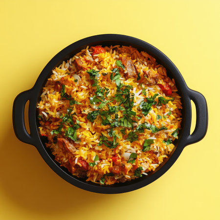 A top-down view of biryani in a black bowl on a yellow background, in the style of Numirboudi0456. --v 6.1 Job ID: 55212dd4-28ec-407c-962f-7bc5f91e1bd3の素材