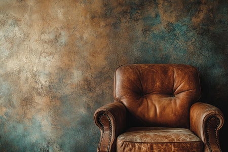 A textured wall, painted in muted tones of brown and beige, with an old leather armchair placed against it. The background is darkened to create depth, and the chair adds warmth to the scene. This setting creates an atmosphere that is both rustic and elegant, perfect for showcasing product photography or as a backdrop for fashion photoshoots. --ar 3:2 --v 6.1 Job ID: 6a28d1f5-39ab-48df-bfde-f17aff72f53eの素材