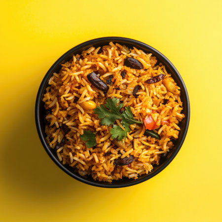 A top-down view of biryani in a black bowl on a yellow background, food photography, ultra-realistic --v 6.1 Job ID: 3351b9d3-70fd-45c3-9b2f-b849db95b61bの素材