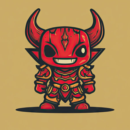 A vector design for a shirt featuring a red chibi demon with horns and armor, smiling in the style of a grungey, cute aesthetic with bold colors and thick outlines. The design is in a flat, cartoonish style reminiscent of Dan Mumford, set against a solid background. --v 6.1 Job ID: 3053e80c-4c52-4b99-a89c-cb8c46a5e4ddの素材