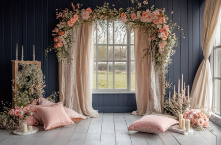 A photograph of an arched entryway with floral curtains and candles, pink pillows on the floor, in a vintage style, with a floral garland around it, and a window in the background, set in a large room with navy blue walls, featuring delicate pastel colors, captured through professional, high-quality photography. --ar 92:61 --v 6.1 Job ID: 8484d331-b1ab-463c-80e5-df3299dcb153の素材