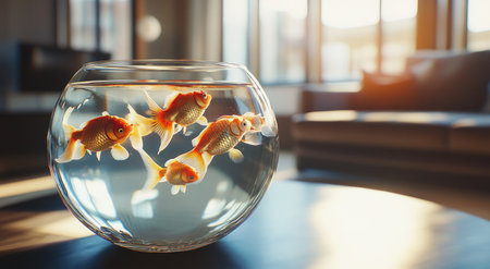 A round glass fish bowl with clear water containing several goldfish, on the table of an apartment living room, natural light, photo-realistic --ar 78:43 --v 6.1 Job ID: feb6beaa-c5b2-4dd0-b9af-5ac19d5da174の素材