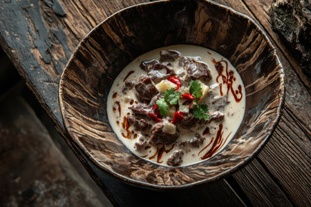 A mouthwatering photo of the traditional Dastarkhan-style lamb curry, capturing its rich and glossy texture in an elegant bowl. The creamy sauce forms vibrant streaks across succulent pieces of meat that have been marinated with ginger, coriander leaves, red chili peppers, all set against a rustic wooden table backdrop. --ar 3:2 --v 6.1 Job ID: f5a298f2-145e-4779-96f8-1b5294539e30の素材