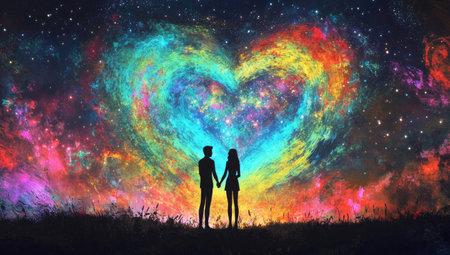 A silhouette of two people holding hands, surrounded by swirling colors and patterns that form the shape of a heart in the sky. The background is an abstract galaxy with stars forming hearts. A couple standing together under a starry night sky, illuminated only from within their bodies, creating silhouettes against the colorful backdrop. --ar 53:30 --v 6.1 Job ID: c13c80ac-9a7c-4d5e-b3c2-85f4ab09bb37の素材