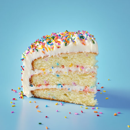 A slice of vanilla cake with colorful sprinkles, placed on a blue background. The scene is illuminated by natural light that highlights the texture and colors of each layer of frosting and crumbly layers in detail. A small amount of rainbow-colored confetti scattered around adds to its festive appearance. This composition creates an attractive visual appeal for product advertising photography. --v 6.1 Job ID: f71b7a98-db55-4457-9d1b-e8c555261e56の素材