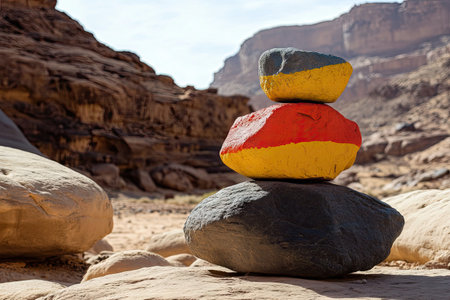 A stack of large rocks in the desert, one rock is painted with bright colors. --ar 3:2 --v 6.1 Job ID: bd3b98ac-3880-4c20-bd96-e399b5c2b20bの素材