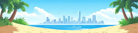 A tropical beach scene with a city skyline in the background, rendered in a cartoon vector style. The design is simple, with white clouds and a blue sky overhead. Palm trees line the sides of the scene, and sand covers the bottom. The overall style is that of a cartoon art illustration, with bright colors and detailed lines. This high-resolution, high-quality vector illustration has a wide-angle lens perspective and natural lighting, giving it a sunlit appearance. --ar 78:19 --v 6.1 Job ID: 23da1c93-1aeb-4782-8d5d-b69ee5c5a6ccの素材