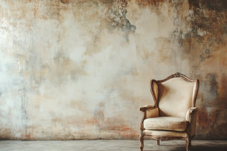 A wall painted with an aged, distressed effect for a photography backdrop, featuring an antique chair. --ar 3:2 --v 6.1 Job ID: 3b0bd8b1-dc94-41e1-b68c-486681589c6aの素材