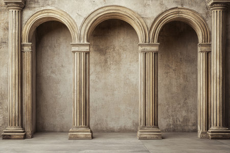 A vintage-inspired backdrop for photography with architectural elements, such as columns and arches, creating an elegant atmosphere. The sepia tones of the background enhance the historical feel while providing space to add your own text or product display. --ar 3:2 --v 6.1 Job ID: 5c1dcb56-211c-42b7-91b0-e13aac9e096aの素材