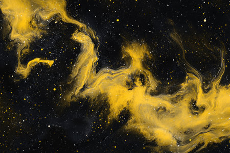 A yellow and black background with stars, galaxies, nebulae, a swirling galaxy of light in the upper left corner, and space in between. The overall tone is cosmic and mysterious. There's an ethereal glow emanating from within the galaxy. It feels dreamy and otherworldly. --ar 3:2 --v 6.1 Job ID: f85233fd-9f62-4833-91cb-0d38e2916f1cの素材