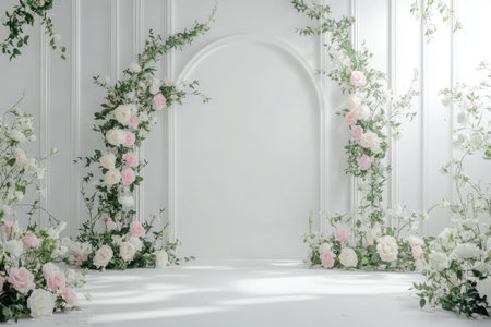 A white wall with two flower arches on the sides, featuring pink and white roses, greenery, and an empty space in the center for text. This minimalistic and elegant background is suitable for a wedding ceremony decor, perfect for high-resolution photography. --ar 3:2 --v 6.1 Job ID: aca67023-ad8a-4095-9106-5ea2aef961abの素材