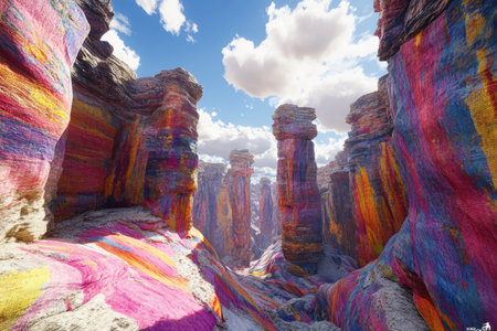 A wide-angle shot of an otherworldly canyon made entirely out of colorful, psychedelic fabrics, with clouds in the sky. Created using Unreal Engine and Octane Render, this surreal, beautiful, and hyper-detailed image has a hyper-realistic quality. --ar 3:2 --v 6.1 Job ID: d580709c-0c89-4f7d-8282-e736a8f3ee4aの素材
