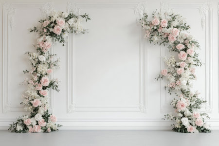 A white wall with two flower arches on the sides, featuring pink and white roses, greenery, and an empty space in the center for text. This minimalistic and elegant background is suitable for a wedding ceremony decor, perfect for high-resolution photography. --ar 3:2 --v 6.1 Job ID: aca67023-ad8a-4095-9106-5ea2aef961abの素材
