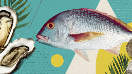 Vibrant graphic design featuring a pair of oysters and a fish, displayed against a background of teal, yellow, and green. The oysters are positioned on the left, while the fish takes center stage on the right. The design incorporates various abstract patterns and shapes, adding to the overall visual appeal. A tropical theme is suggested by the stylized palm leaves that enhance the scene.の素材