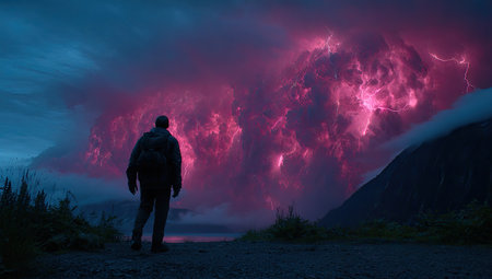 Person stands on a hillside in the presence of a massive, intense volcanic eruption with vivid pink lightning.の素材