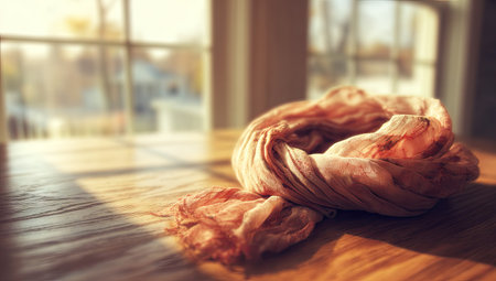 Light peach colored, patterned scarf is nestled on a wooden table.  Sunlight casts a gentle shadow on the table, highlighting the texture of the wood and the soft folds of the scarf.  The focus is on the scarf and the table, with the window in the background out of focus.の素材