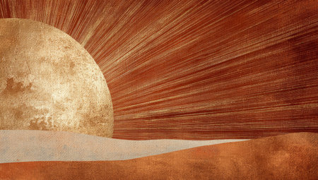 Digitally created image of a desert landscape scene, featuring a golden sun rising above a beige and orange-brown layered terrain of sand dunes with a textured background. The sun is a focal point, with radiating light rays extending across the scene.の素材