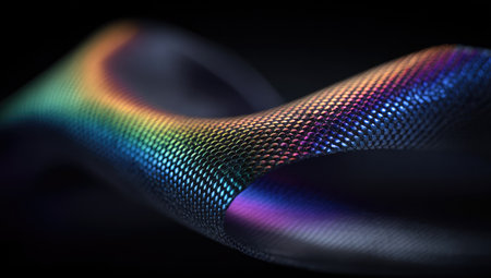 Close-up view of a textured, iridescent surface that is detailed and patterned.  The surface is in a flowing, curved shape.  Colors transition smoothly, creating a captivating effect. The image has a dark background that highlights the iridescence of the textured surface.の素材