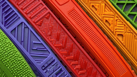 High-resolution close-up view of a collection of multicolored plastic strips. Each strip exhibits a distinct, intricate pattern, showcasing various geometric shapes and lines. The vibrant colors and detailed textures make the image suitable for design inspiration or industrial material study.の素材
