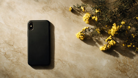 Black smartphone case is placed on a light beige marble surface with a scattering of small yellow flowers. The image is a top-down view, highlighting the smooth surface of the case and the delicate texture of the flowers. The lighting creates soft shadows that add depth and dimension to the scene.の素材