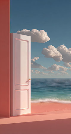 Digitally rendered image of a door opening onto a beach scene with a pastel pink color scheme.  The image depicts a view of a beach and ocean beyond an open door, with a sky filled with clouds. The colors are soft and create a serene atmosphere.の素材