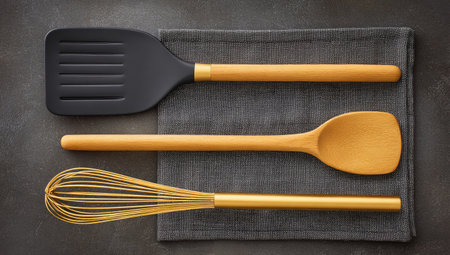 Overhead view of a set of kitchen utensils, including a spatula, whisk, and wooden spoon, arranged on a gray cloth napkin laid on a dark gray surface.  The utensils have a gold tone and a black handle.の素材