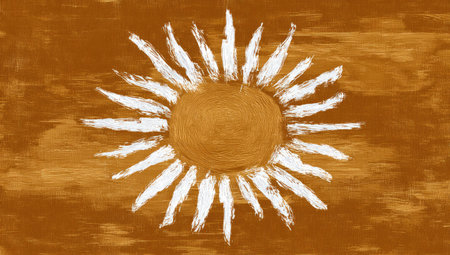 Abstract painting of a sun. The sun is rendered in white brushstrokes against a warm brown background with a textured appearance. The style is reminiscent of a child's drawing, but with a more sophisticated presentation.の素材