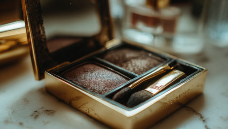 Detailed close-up of a gold-colored eyeshadow palette, showcasing its design and the eyeshadow inside. The palette contains a variety of shades of brown. It also includes a makeup brush inside.の素材