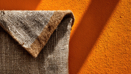 Close-up view of a folded piece of natural fabric with a gray and brown color scheme. The fabric has a noticeable texture from its weaving.  The fabric is placed against an orange wall, which casts a shadow on the fabric.の素材