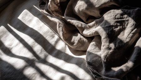Close-up view of a piece of linen fabric draped over a bed, with dramatic shadows cast by sunlight filtering through a window. The fabric exhibits a natural texture with soft folds and creases.の素材
