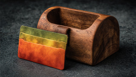 Vibrant, multicolored leather cardholder, positioned within a smooth, dark brown wooden case, rests on a dark gray surface. The leather exhibits a gradient of colors, including shades of orange, green, and yellow, and is crafted with meticulous attention to detail.  The wooden case features a smooth, natural grain and a rounded shape, highlighting the handcrafted quality of both pieces.の素材
