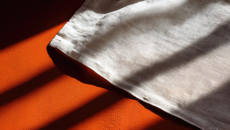Close-up view of a piece of light-beige fabric, draped over an orange-colored surface.  The fabric's texture and folds are highlighted by dramatic shadows cast by natural light. The color contrast between the fabric and the surface is striking.の素材