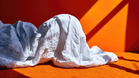 Close-up view of white linen fabric draped over an orange surface.  The fabric is textured and has soft folds and wrinkles.  The orange surface is in the background. Sunlight casts shadows on the fabric and surface.の素材