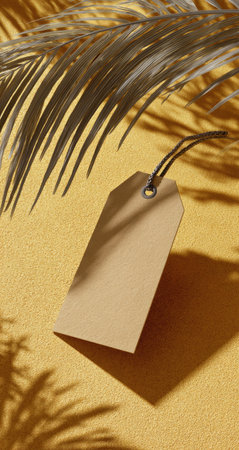 Blank kraft paper tag is presented against a textured mustard-yellow background.  The tag is suspended, casting a shadow from an overhead palm leaf.  The image is well-lit and features a simple, natural presentation.の素材
