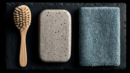 Assortment of spa-related items arranged on a dark slate surface.  A natural fiber brush, a speckled grey soap dish, and a light teal towel are positioned in a thoughtful composition. The items suggest a focus on natural materials and simple, elegant design.の素材