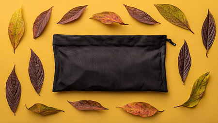 Black pouch is positioned centrally on a mustard-yellow background, surrounded by various autumn leaves in shades of brown and orange. The image presents a simple and elegant composition, highlighting the pouch and its design elements.の素材