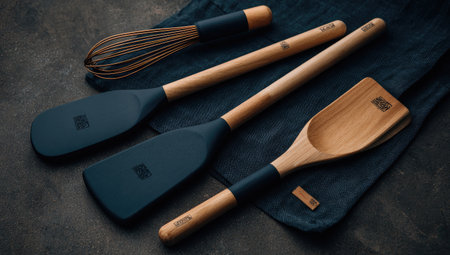 Collection of assorted kitchen utensils including a whisk, two spatulas, and a wooden scoop, presented on a dark stone surface.  The utensils have wooden handles and dark colored silicone or rubber coated heads.  They are arranged on a piece of dark blue linen cloth.の素材
