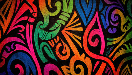 Highly detailed abstract design featuring a variety of colors and intricate patterns.  Bold lines and swirls create a complex and visually appealing composition.  The colors are bright and vibrant, providing a dynamic and engaging visual experience.の素材